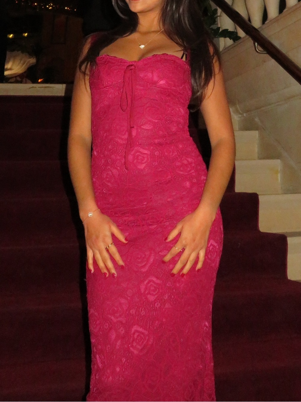 Commense Red Lace Maxi Dress with Wide Straps